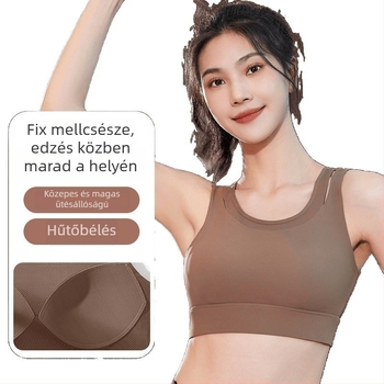 Női sportmelltartó egybeépített, fix párnázott, fő anyag nylon, belső spandex (30–50%), vállpánt nélküli, háromszög alakú kosár, közepes formájú kosár, izzadságelnyelő, futáshoz és jógaedzéshez