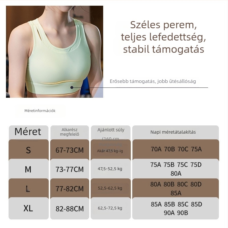 Női sportmelltartó egybeépített, fix párnázott, fő anyag nylon, belső spandex (30–50%), vállpánt nélküli, háromszög alakú kosár, közepes formájú kosár, izzadságelnyelő, futáshoz és jógaedzéshez