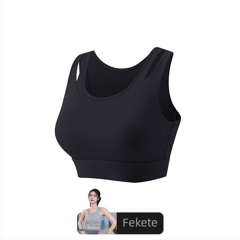 Női sportmelltartó egybeépített, fix párnázott, fő anyag nylon, belső spandex (30–50%), vállpánt nélküli, háromszög alakú kosár, közepes formájú kosár, izzadságelnyelő, futáshoz és jógaedzéshez
