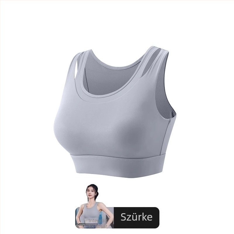 Női sportmelltartó egybeépített, fix párnázott, fő anyag nylon, belső spandex (30–50%), vállpánt nélküli, háromszög alakú kosár, közepes formájú kosár, izzadságelnyelő, futáshoz és jógaedzéshez