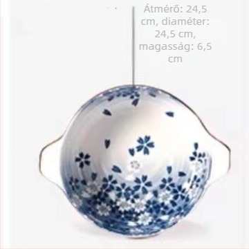 Porcelán tál kettős füllel, kerek forma, aláglazúrral bevont felület, mikrohullámú sütőben is használható
