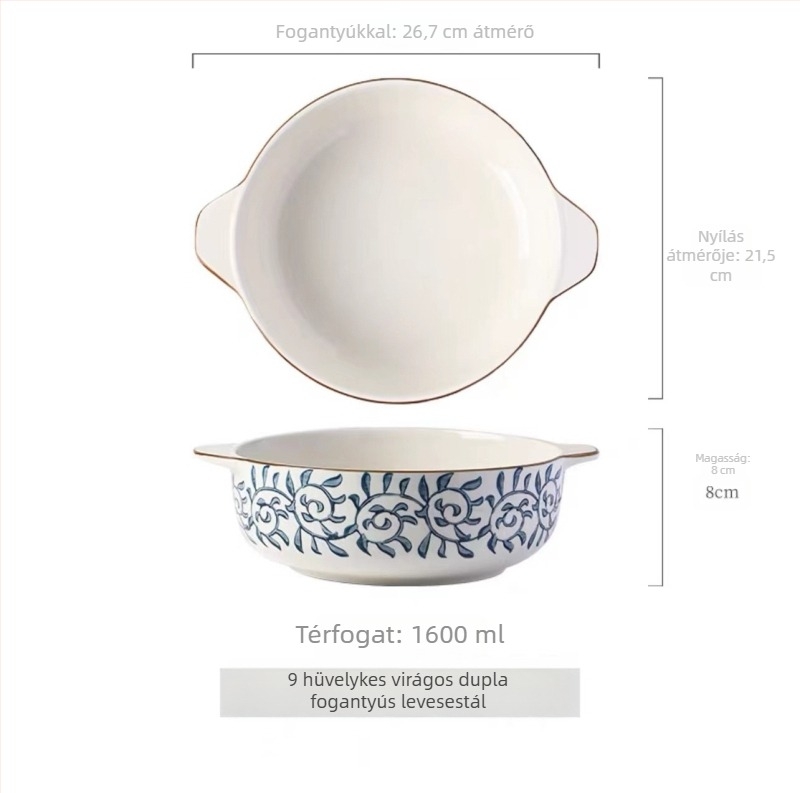 Porcelán tál kettős füllel, kerek forma, aláglazúrral bevont felület, mikrohullámú sütőben is használható