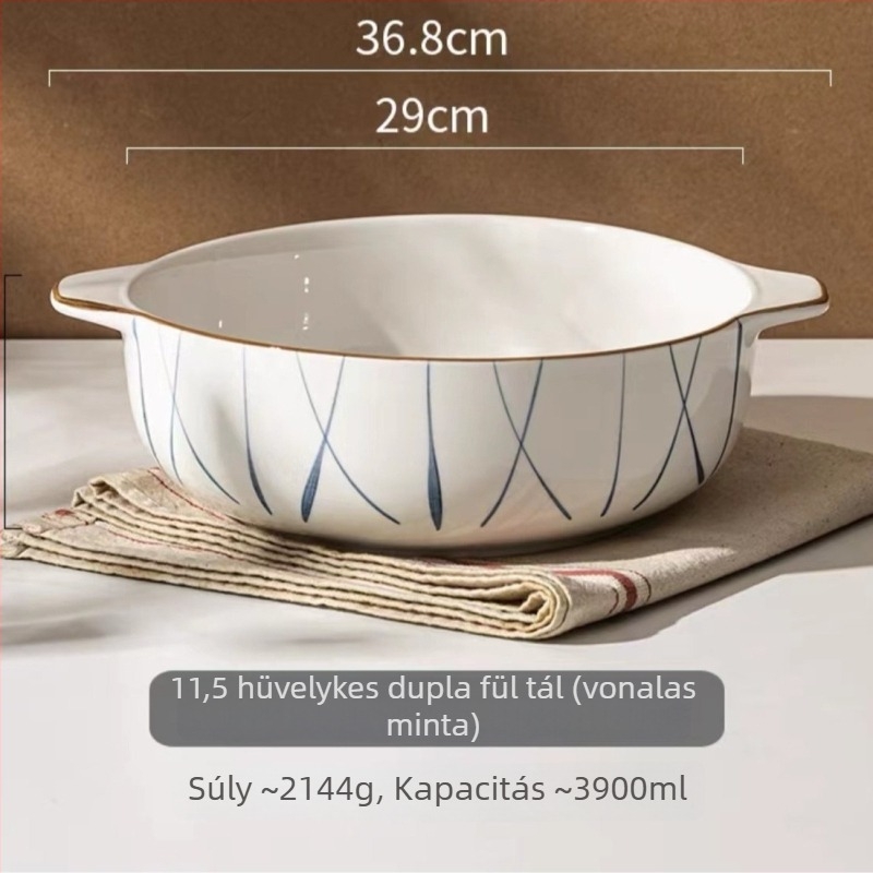 Porcelán tál kettős füllel, kerek forma, aláglazúrral bevont felület, mikrohullámú sütőben is használható