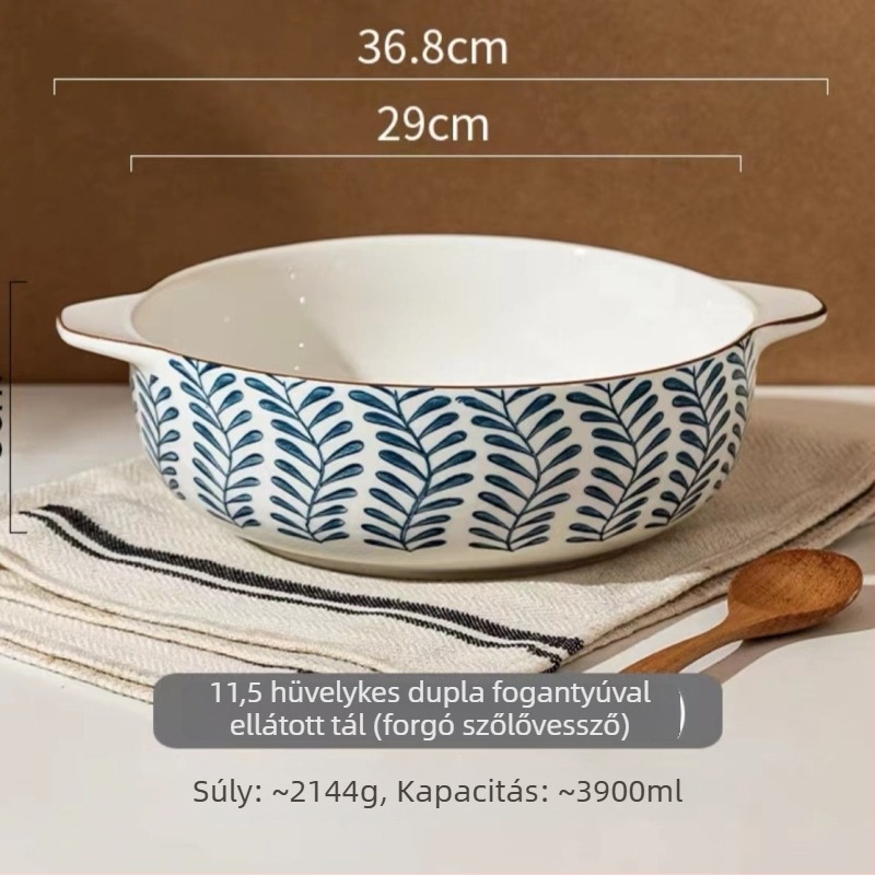 Porcelán tál kettős füllel, kerek forma, aláglazúrral bevont felület, mikrohullámú sütőben is használható