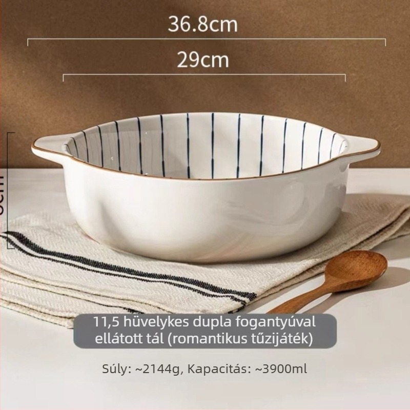 Porcelán tál kettős füllel, kerek forma, aláglazúrral bevont felület, mikrohullámú sütőben is használható