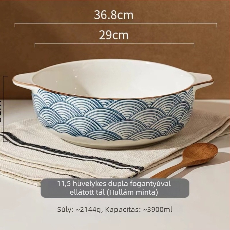 Porcelán tál kettős füllel, kerek forma, aláglazúrral bevont felület, mikrohullámú sütőben is használható