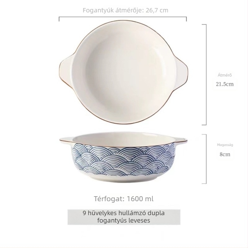 Porcelán tál kettős füllel, kerek forma, aláglazúrral bevont felület, mikrohullámú sütőben is használható