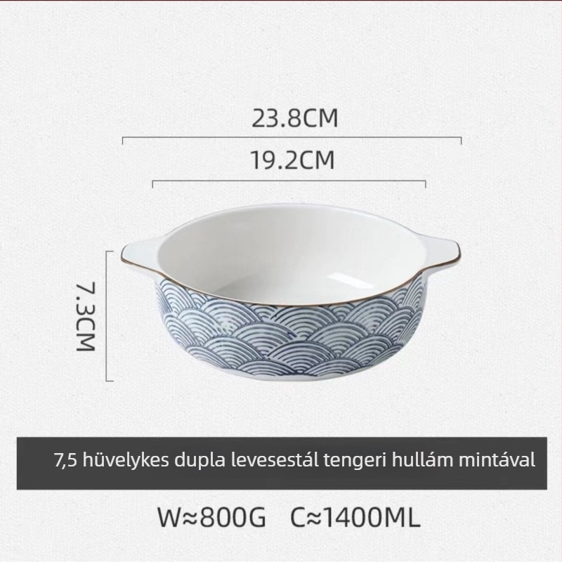 Porcelán tál kettős füllel, kerek forma, aláglazúrral bevont felület, mikrohullámú sütőben is használható