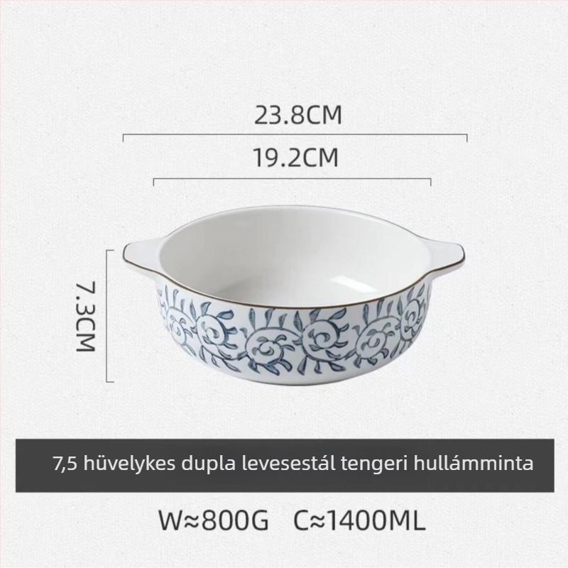 Porcelán tál kettős füllel, kerek forma, aláglazúrral bevont felület, mikrohullámú sütőben is használható