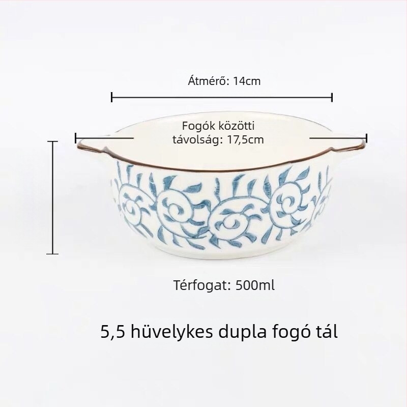 Porcelán tál kettős füllel, kerek forma, aláglazúrral bevont felület, mikrohullámú sütőben is használható