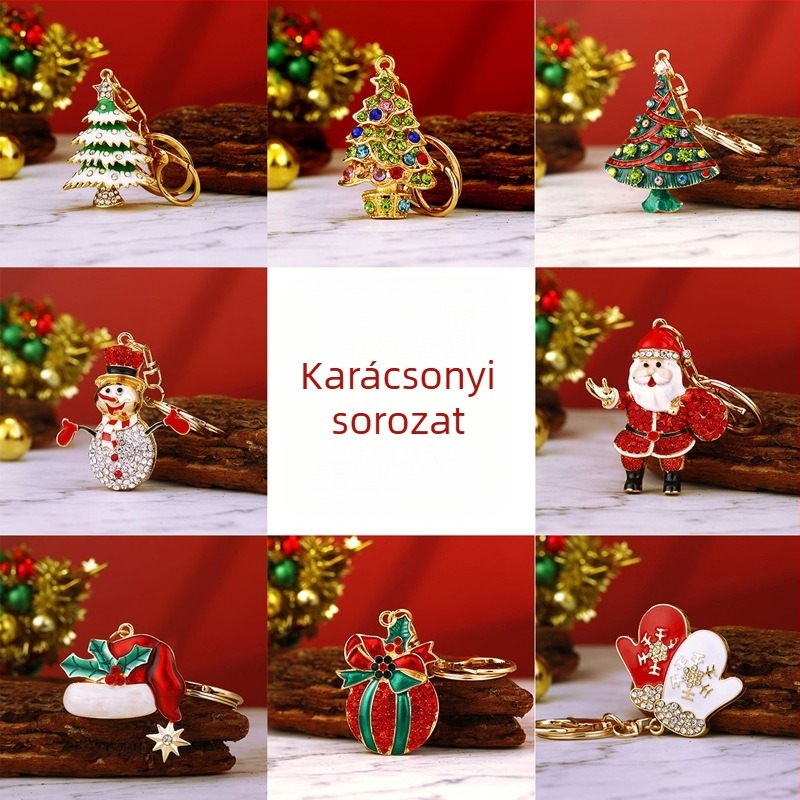Kulcstartó – Mikulás és karácsonyfa, rajzfilmszerű stílus, cinkötvözet medál, táskára