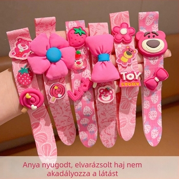 Gyerekeknek szóló mesefigurás hajgumi, kézzel készített, textil virágdísz és titánium kristályos díszítéssel, személyre szabható