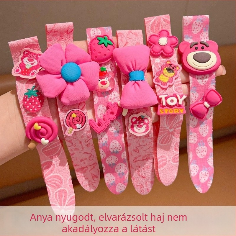 Gyerekeknek szóló mesefigurás hajgumi, kézzel készített, textil virágdísz és titánium kristályos díszítéssel, személyre szabható