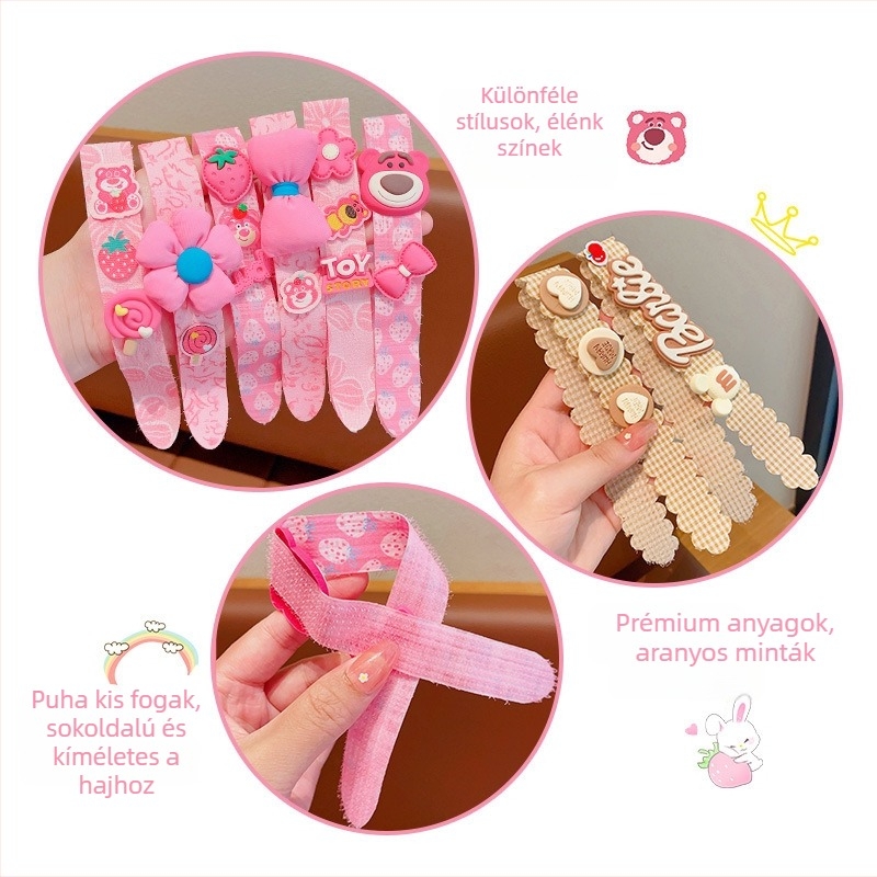 Gyerekeknek szóló mesefigurás hajgumi, kézzel készített, textil virágdísz és titánium kristályos díszítéssel, személyre szabható