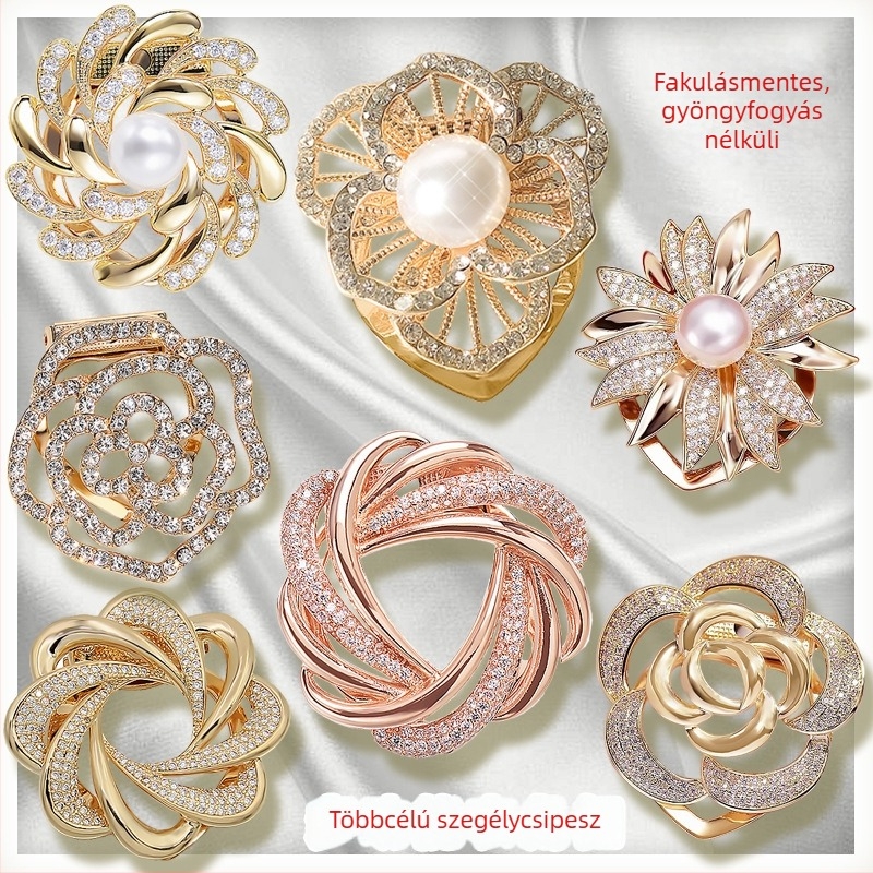 Sálkapocs és brooch virágos díszítéssel, ötvözet, aranyozott bevonattal, testre szabható