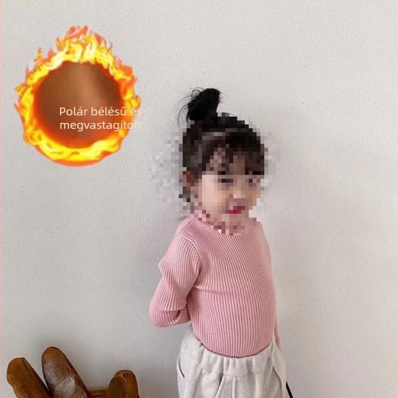 Koreai stílusú gyerek kötött felső, pamutból, félmagas gallérral, bordázott mintázattal, hosszú ujjú, 30% pamut