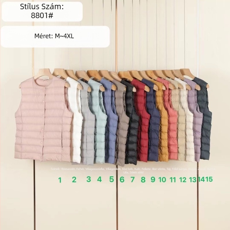 Női kacsa tollal töltött mellény, kerek nyakú, egy soros záródás, tolltartalom 50%, hossz 50–65 cm