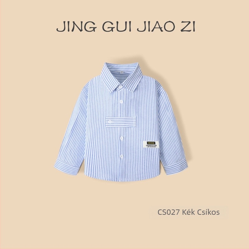 Fiú hosszú ujjú pamut ing, csíkos mintás, galléros, 100% pamut, puha anyag, tavasz–ősz, 3–8 éveseknek