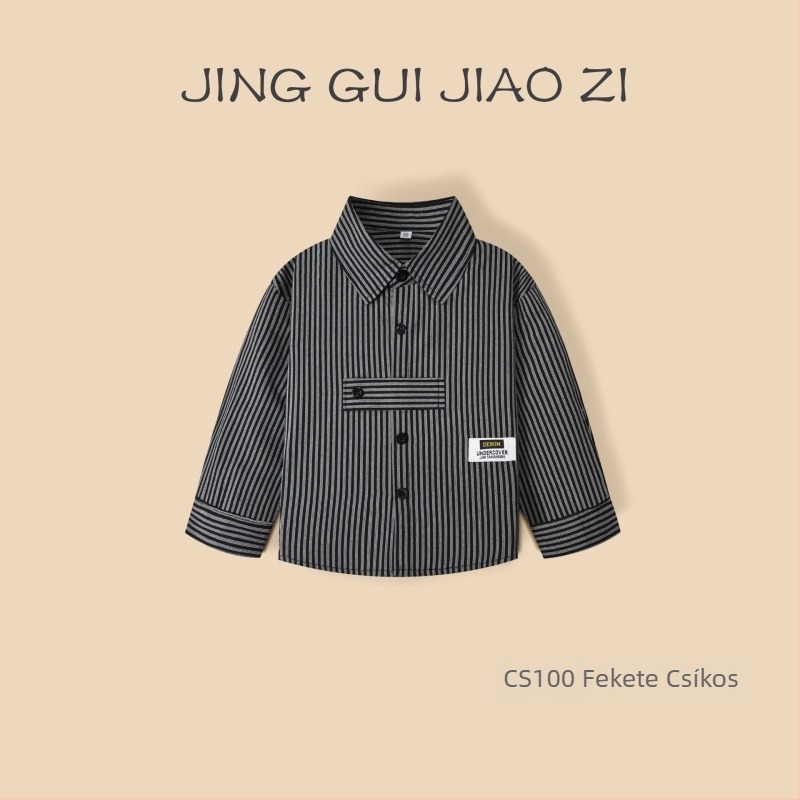 Fiú hosszú ujjú pamut ing, csíkos mintás, galléros, 100% pamut, puha anyag, tavasz–ősz, 3–8 éveseknek