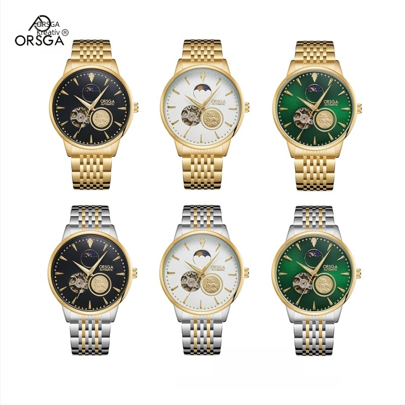 ORSGA Mechanikus karóra holdfázissal és skeletablakkal; Mozgás: Eredeti mechanikus mozgás (Kína eredetű); Tok: ötvözet; Szíj: rozsdamentes acél; Vízállóság: 30M