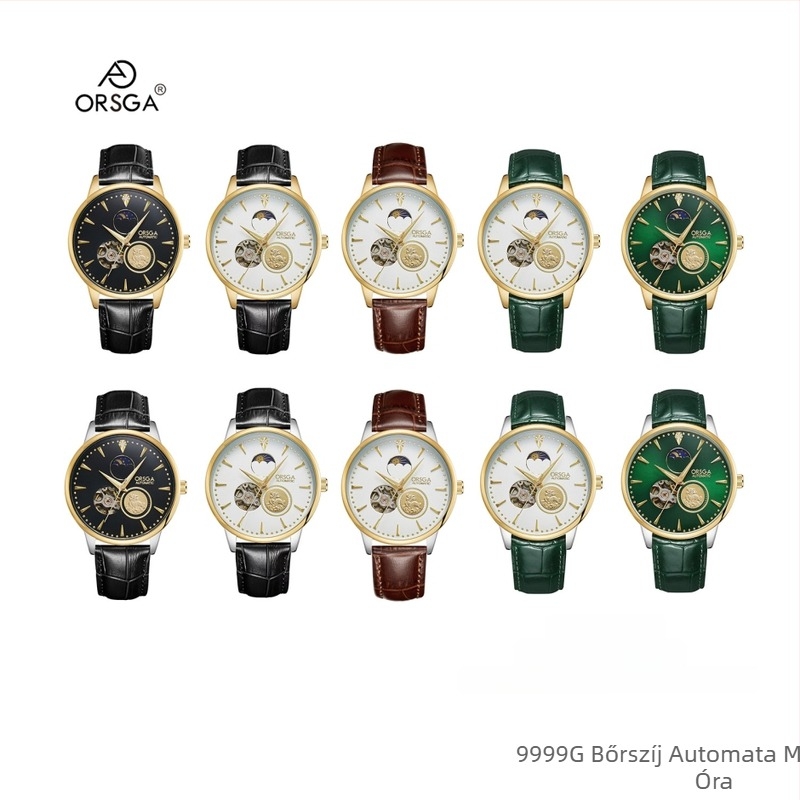 ORSGA Mechanikus karóra holdfázissal és skeletablakkal; Mozgás: Eredeti mechanikus mozgás (Kína eredetű); Tok: ötvözet; Szíj: rozsdamentes acél; Vízállóság: 30M
