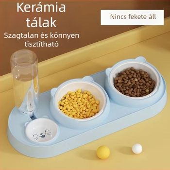 Kutyáknak és macskáknak szánt dupla tál, automatikus vízellátással és kiömlés elleni kialakítással