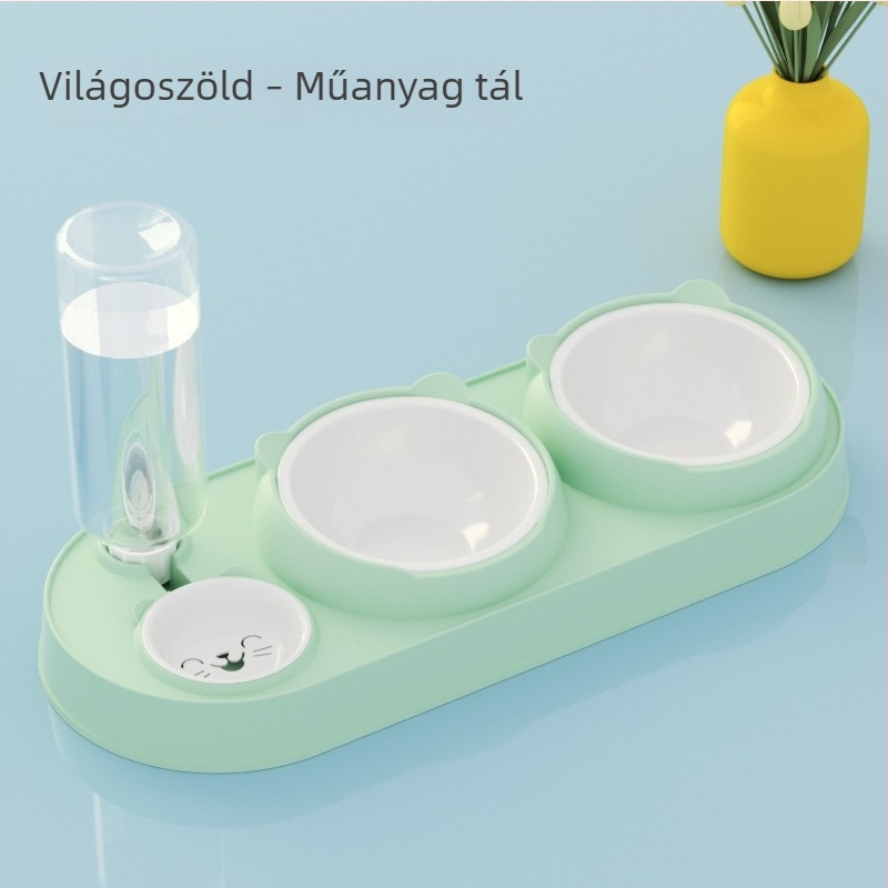 Kutyáknak és macskáknak szánt dupla tál, automatikus vízellátással és kiömlés elleni kialakítással