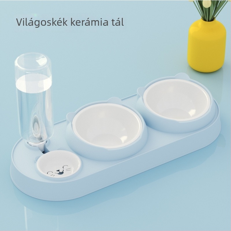 Kutyáknak és macskáknak szánt dupla tál, automatikus vízellátással és kiömlés elleni kialakítással