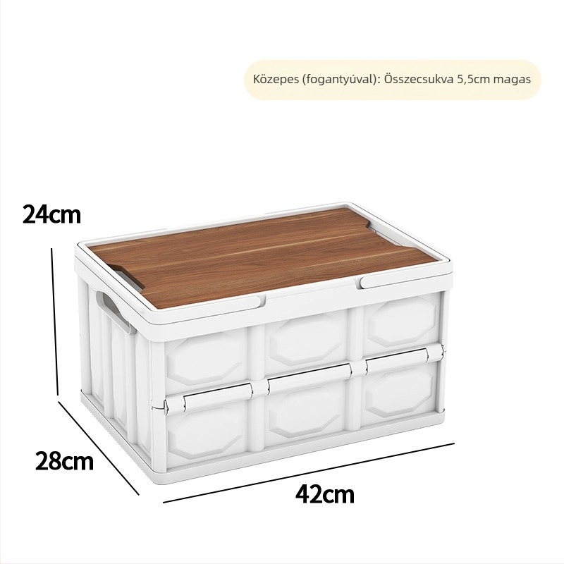 Összecsukható tárolódoboz fa fedéllel és fogantyúval; 30–40 L kapacitás; PP anyag