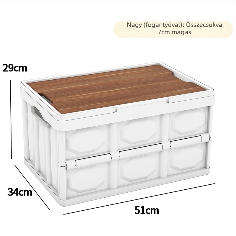 Összecsukható tárolódoboz fa fedéllel és fogantyúval; 30–40 L kapacitás; PP anyag