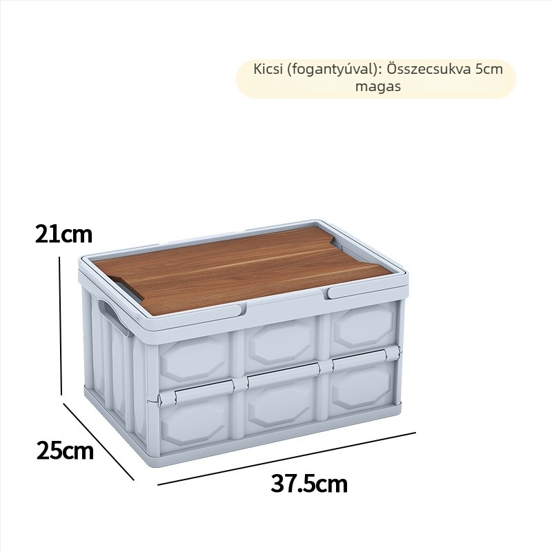 Összecsukható tárolódoboz fa fedéllel és fogantyúval; 30–40 L kapacitás; PP anyag