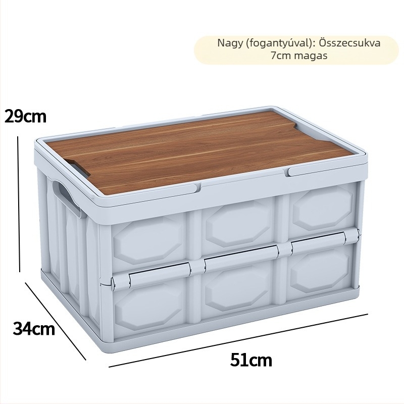 Összecsukható tárolódoboz fa fedéllel és fogantyúval; 30–40 L kapacitás; PP anyag