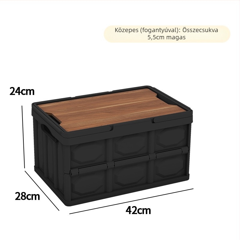 Összecsukható tárolódoboz fa fedéllel és fogantyúval; 30–40 L kapacitás; PP anyag