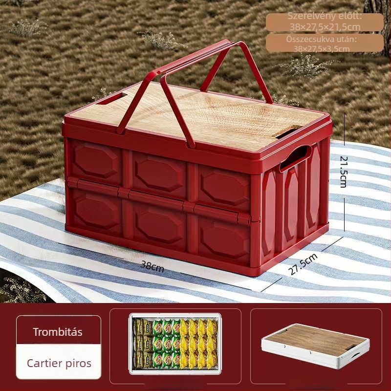 Összecsukható tárolódoboz fa fedéllel és fogantyúval; 30–40 L kapacitás; PP anyag