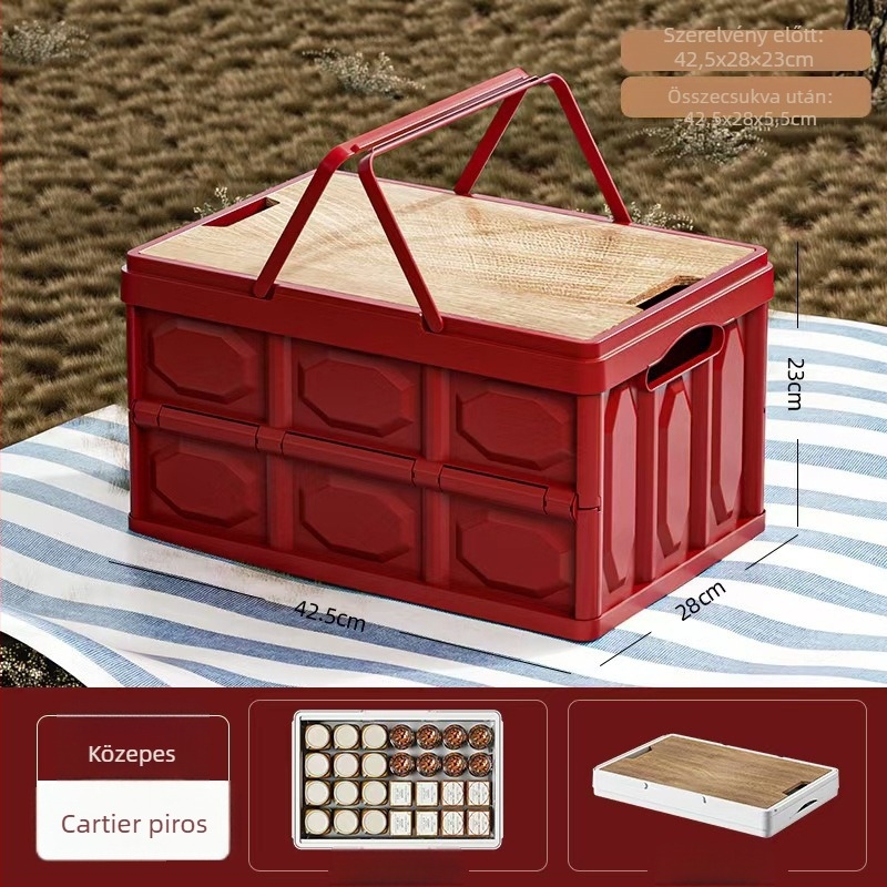 Összecsukható tárolódoboz fa fedéllel és fogantyúval; 30–40 L kapacitás; PP anyag