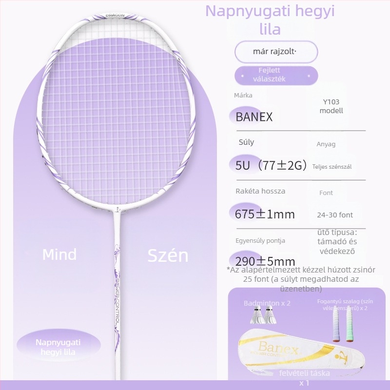 Badminton ütő szénszálas kerettel, támadó típusú, súly 75–79 g, nyél vastagsága G5