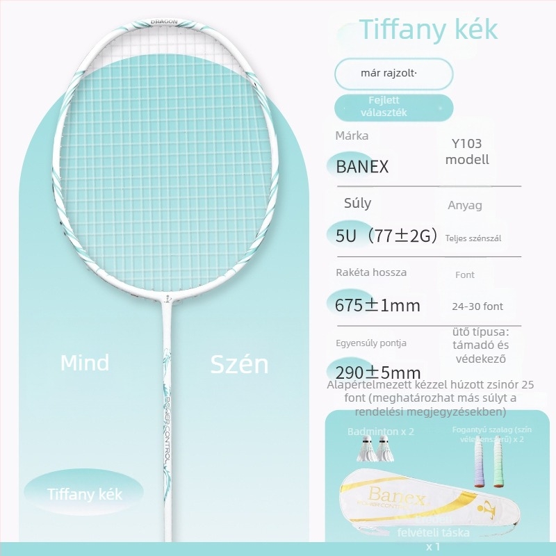 Badminton ütő szénszálas kerettel, támadó típusú, súly 75–79 g, nyél vastagsága G5