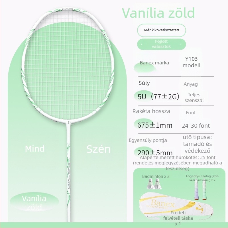 Badminton ütő szénszálas kerettel, támadó típusú, súly 75–79 g, nyél vastagsága G5