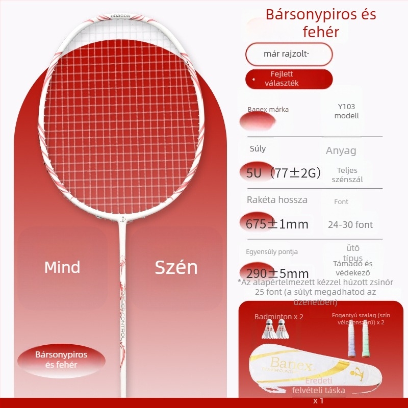 Badminton ütő szénszálas kerettel, támadó típusú, súly 75–79 g, nyél vastagsága G5