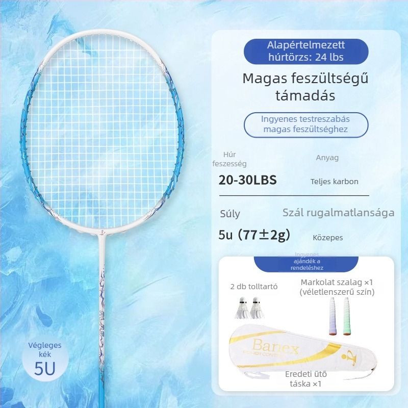 Badminton ütő szénszálas kerettel, támadó típusú, súly 75–79 g, nyél vastagsága G5