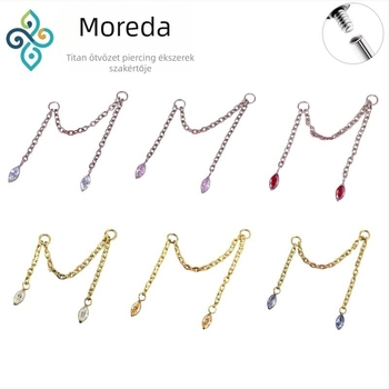 G23 titánötvözetű fülbevalók, unisex, ló szem formájú, dupla füllebeny lánc, fülcsontlánc, polírozott felület