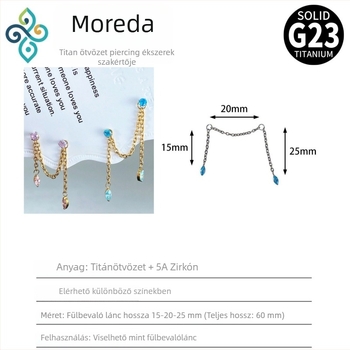 G23 titánötvözetű fülbevalók, unisex, ló szem formájú, dupla füllebeny lánc, fülcsontlánc, polírozott felület