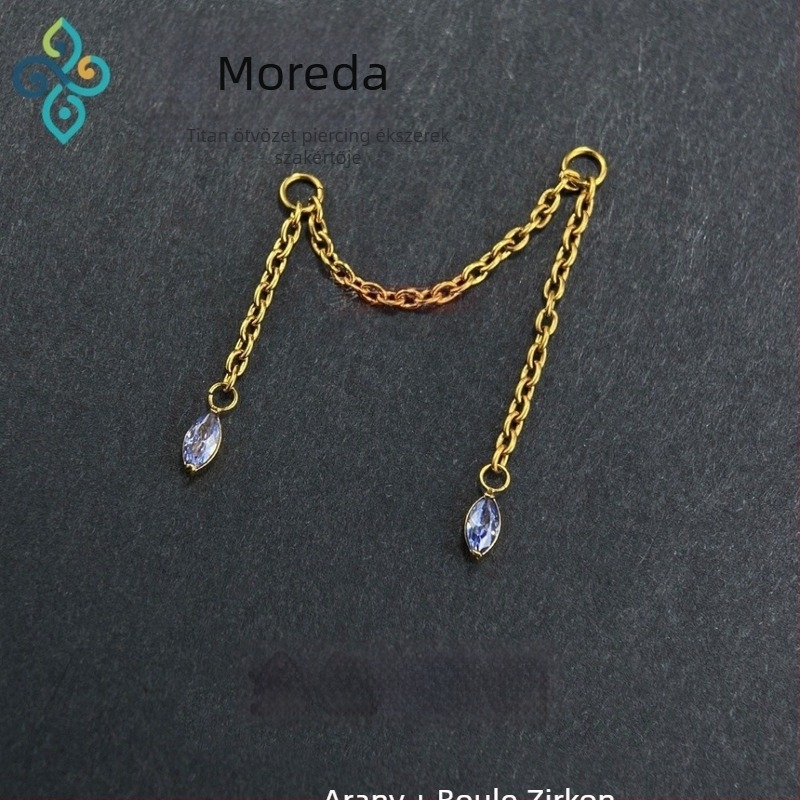 G23 titánötvözetű fülbevalók, unisex, ló szem formájú, dupla füllebeny lánc, fülcsontlánc, polírozott felület