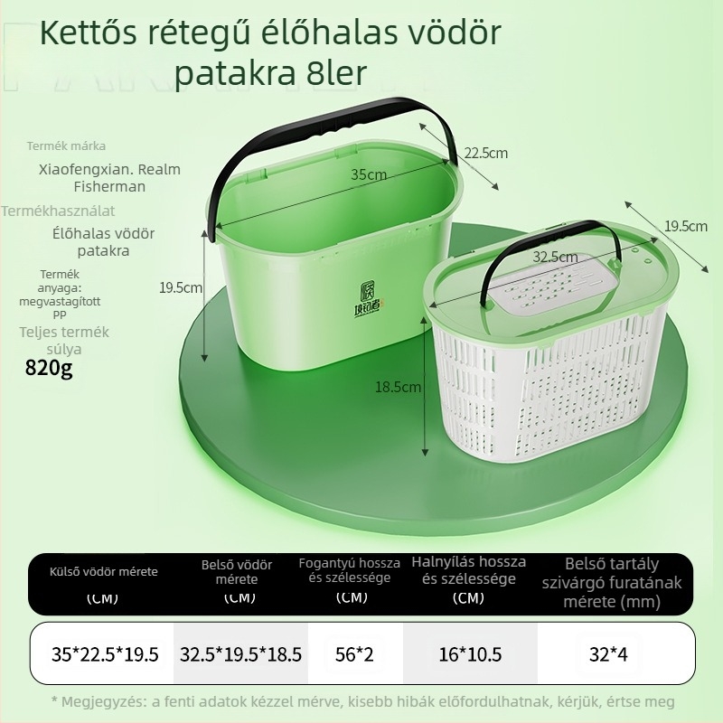 Két rétegű patakmenti horgászvödör aerációval, nagy kapacitású élőhalakkal