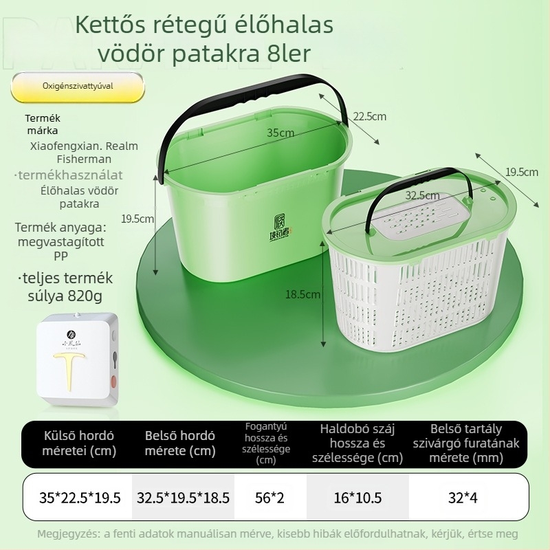 Két rétegű patakmenti horgászvödör aerációval, nagy kapacitású élőhalakkal