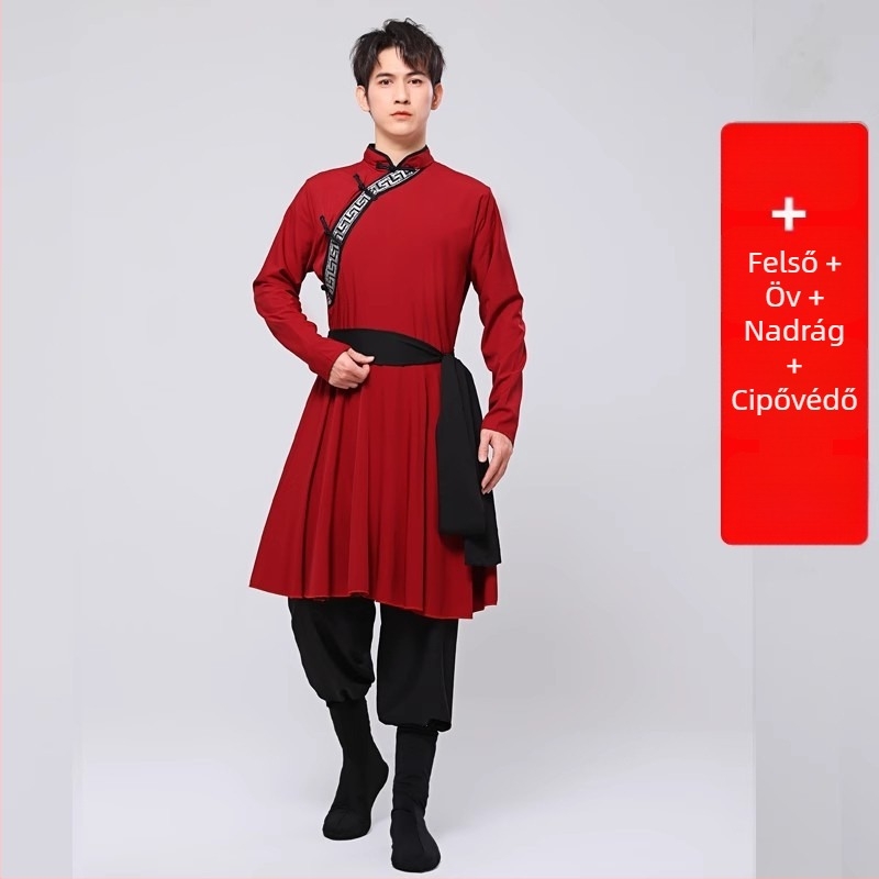 Mongol etnikai férfi táncruha – laza szabású kardigán-stílus, álló gallér, hosszú ujjú, 100% poliészter