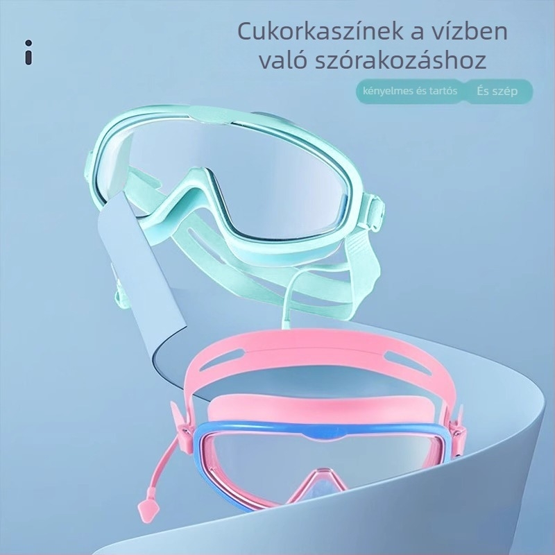 Gyerekeknek szóló nagy keretes úszószemüveg és sapka készlet, PC-lencsékkel, párásodás elleni, vízálló