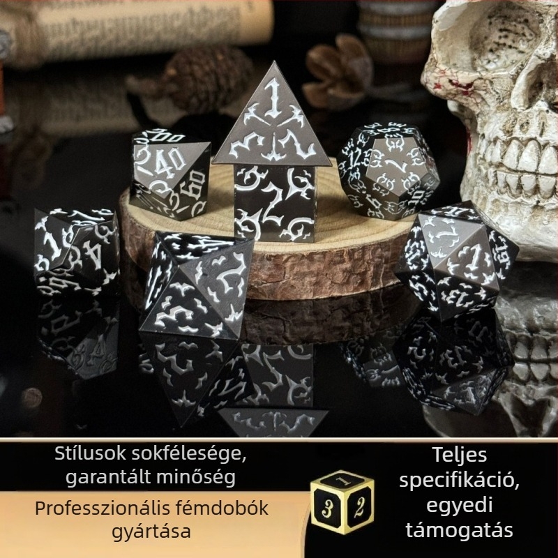 Fém kockák TRPG és társasjátékokhoz, cinkötvözet, derékszög stílus, forma: más, testreszabás elérhető, alkalmas sakkhoz és kártyás szórakozáshoz