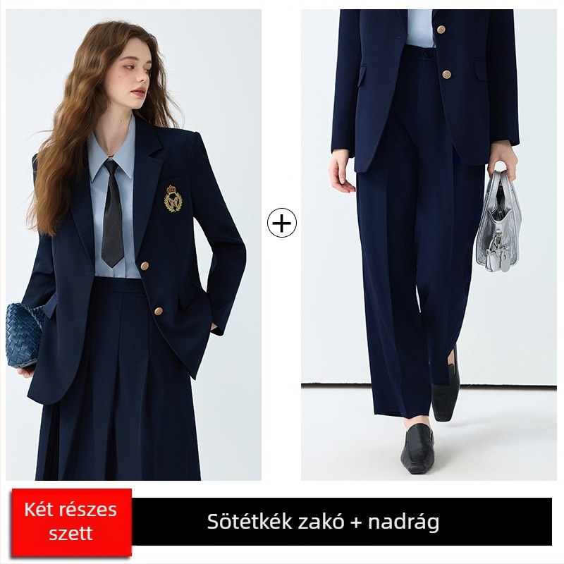 JK egyenruha nőknek: pliszált szoknyás öltöny, őszi 2025, poliészter-spandesz, hosszú ujjú, 3D mintázat