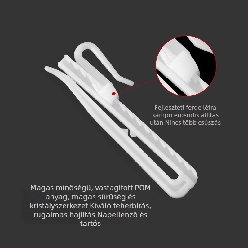 Műanyag függönyakasztó, S-alakú kialakítás, POM anyag, csendes, állítható emelőkampó, teherbírás 0–1 kg